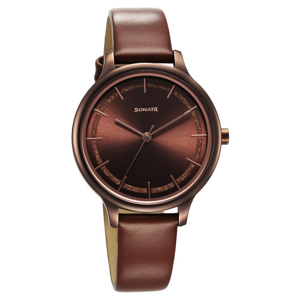 Buy Online Sonata Blush Quartz Analog Brown dial Leather Strap Watch for Women 87050ql02 Sonata