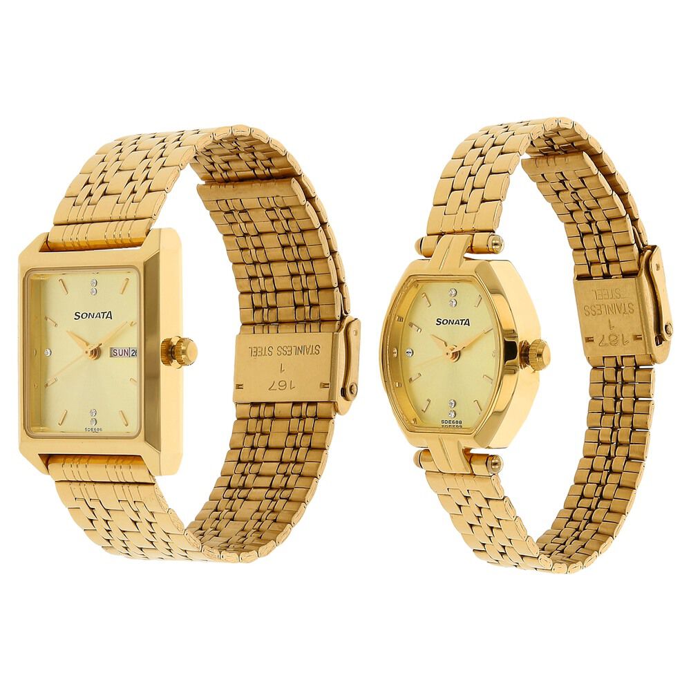 Buy Online Sonata Quartz Analog with Day and Date Golden Dial Stainless Steel Strap Watch for Couple ns70078083ym02p Sonata