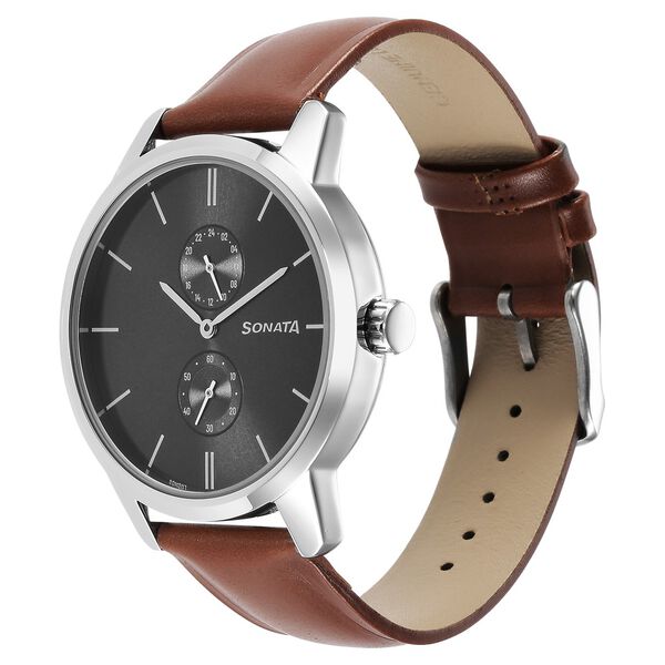 Sonata Quartz Multifunction Grey Dial Leather Strap Watch for Men - image number 1