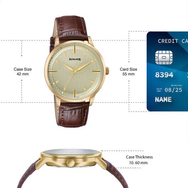 Sonata Jashn Quartz Analog Golden Dial Brown Leather Strap Watch For Men - image number 3