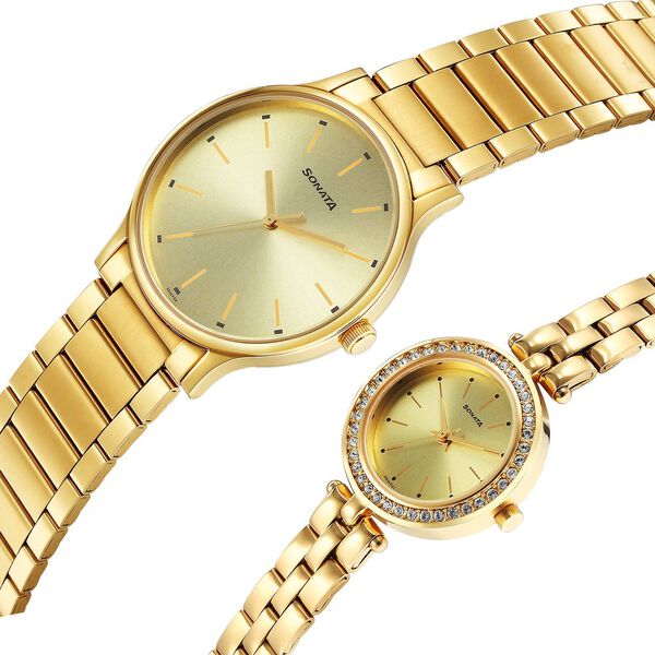 Sonata Quartz Analog Champagne Dial Stainless Steel Strap Watch for Couple - image number 2