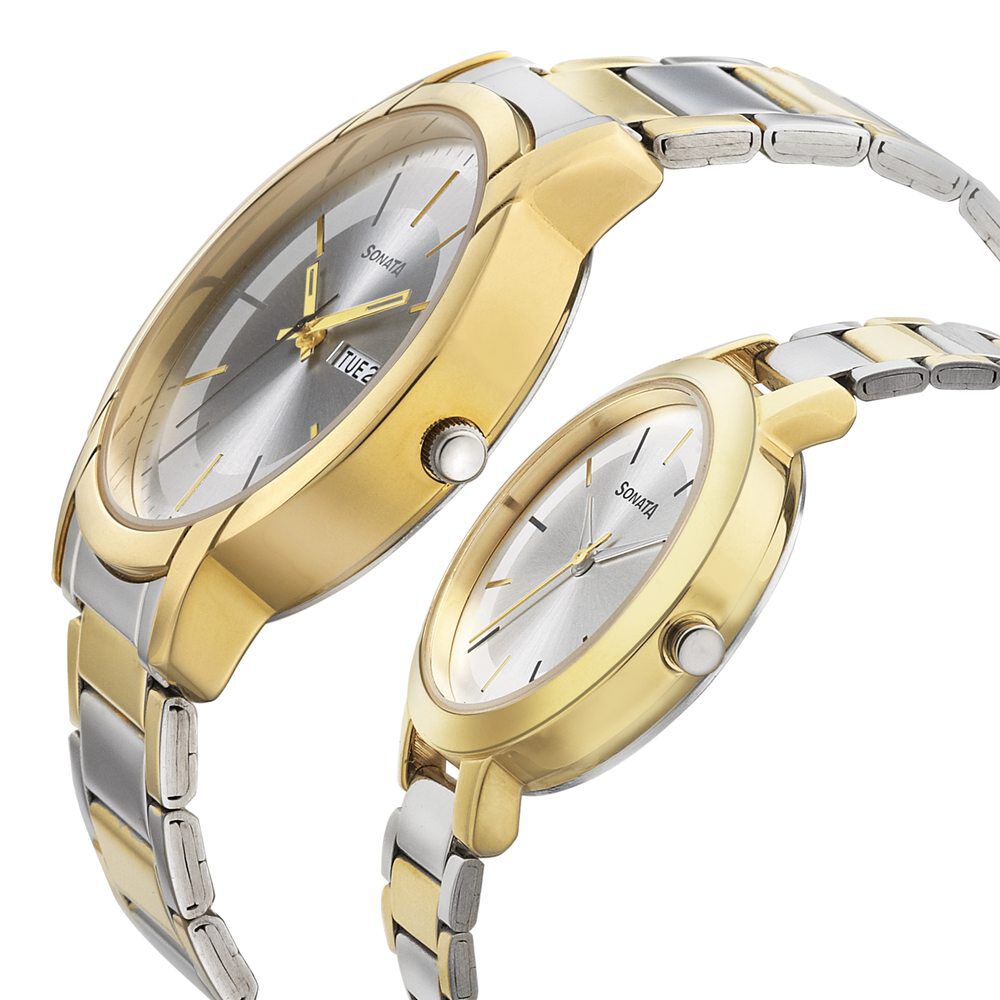 Buy Online Sonata Quartz Analog Silver Dial Metal Strap Watch for Couple ns770318141bm01p Sonata
