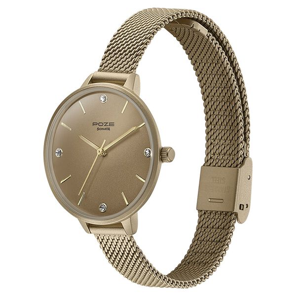 Sonata Poze Quartz Analog Golden Dial Mesh Strap Watch for Women - image number 3