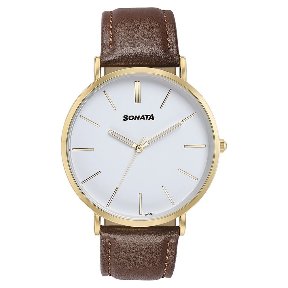 Buy Online Sonata Quartz Analog White Dial Brown Leather Strap Watch For Men 77143yl01 Sonata