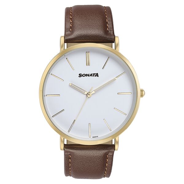 Sonata Quartz Analog White Dial Brown Leather Strap Watch For Men - image number 1