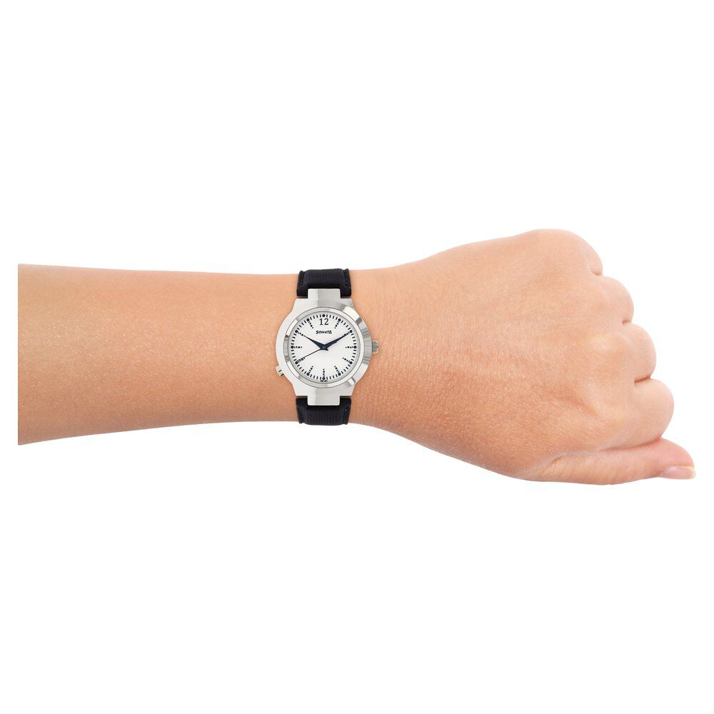 Buy Online Sonata Act Safety Watch White Dial Women Watch With Leather Strap nk90057sl01 Sonata
