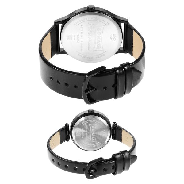 Sonata Quartz Analog Black Dial Leather Strap Watch for Couple - image number 3