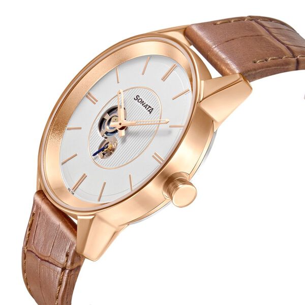Sonata Quartz Multifunction Silver Dial Leather Strap Watch for Men - image number 2