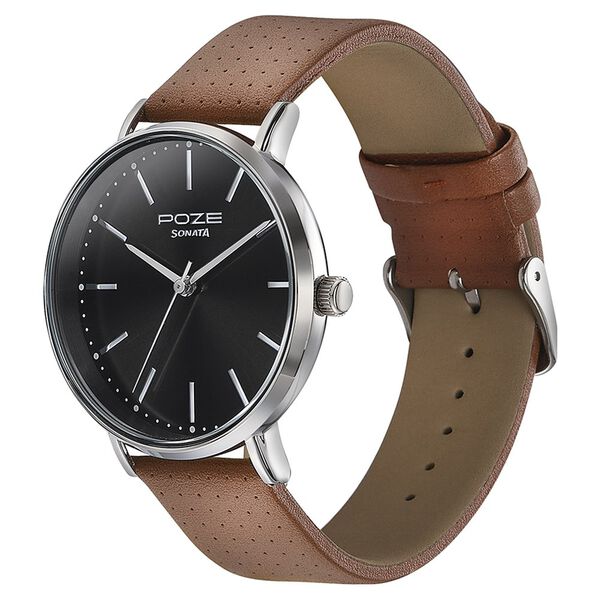 Sonata Poze Quartz Analog Black Dial Leather Strap Watch for Men - image number 3
