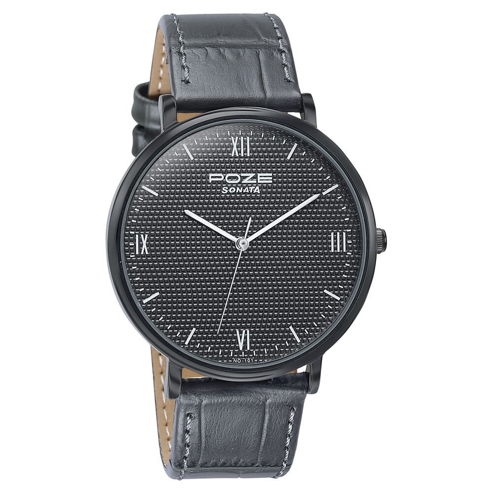 Buy Online Sonata Poze Quartz Analog Black Dial Leather Strap