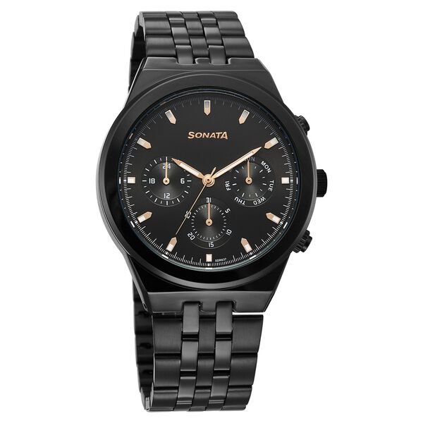 Sonata Eternia Quartz Multifunction Black Dial Metal Strap Watch For Men - image number 0