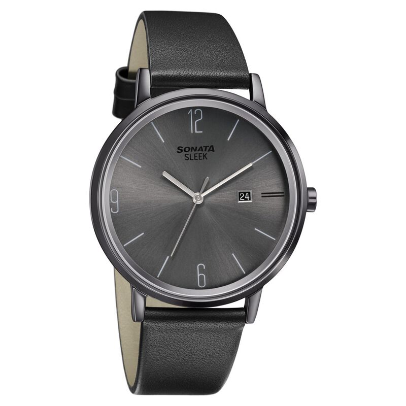 Sonata Quartz Analog with Date Grey Dial Leather Strap Watch for Men - image number 0