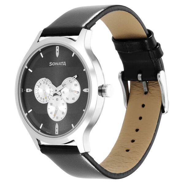 Sonata Force Quartz Multifunction Black Dial Leather Strap Watch for Men - image number 1