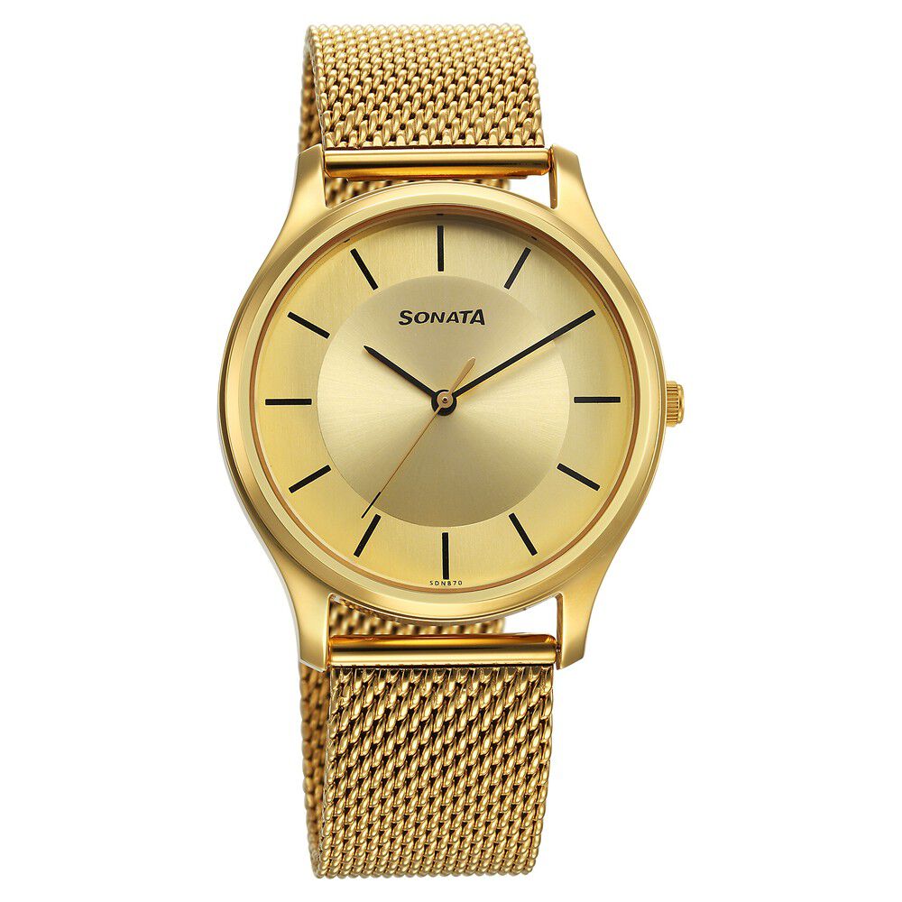 Buy Online Sonata Quartz Analog Champagne Dial Watch for Men ns77082ym09 Sonata