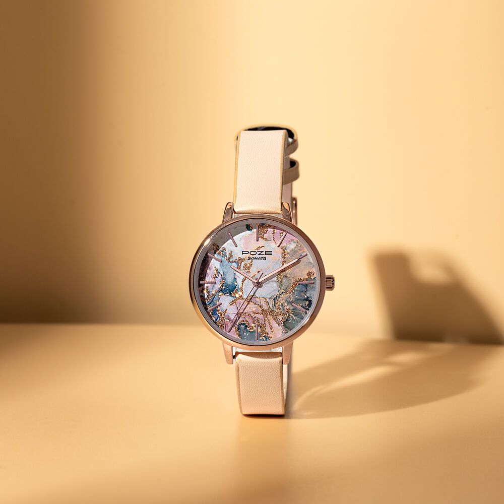 Sonata Poze Quartz Analog Multicoloured Dial Cream Colour Leather Strap Watch For Women-image-8
