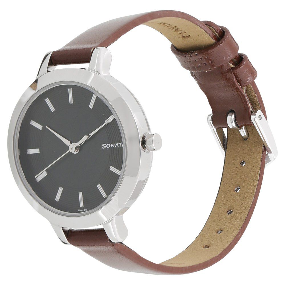 Buy Online Sonata Steel Daisies Black Dial Women Watch With Leather Strap nn8141sl01 Sonata
