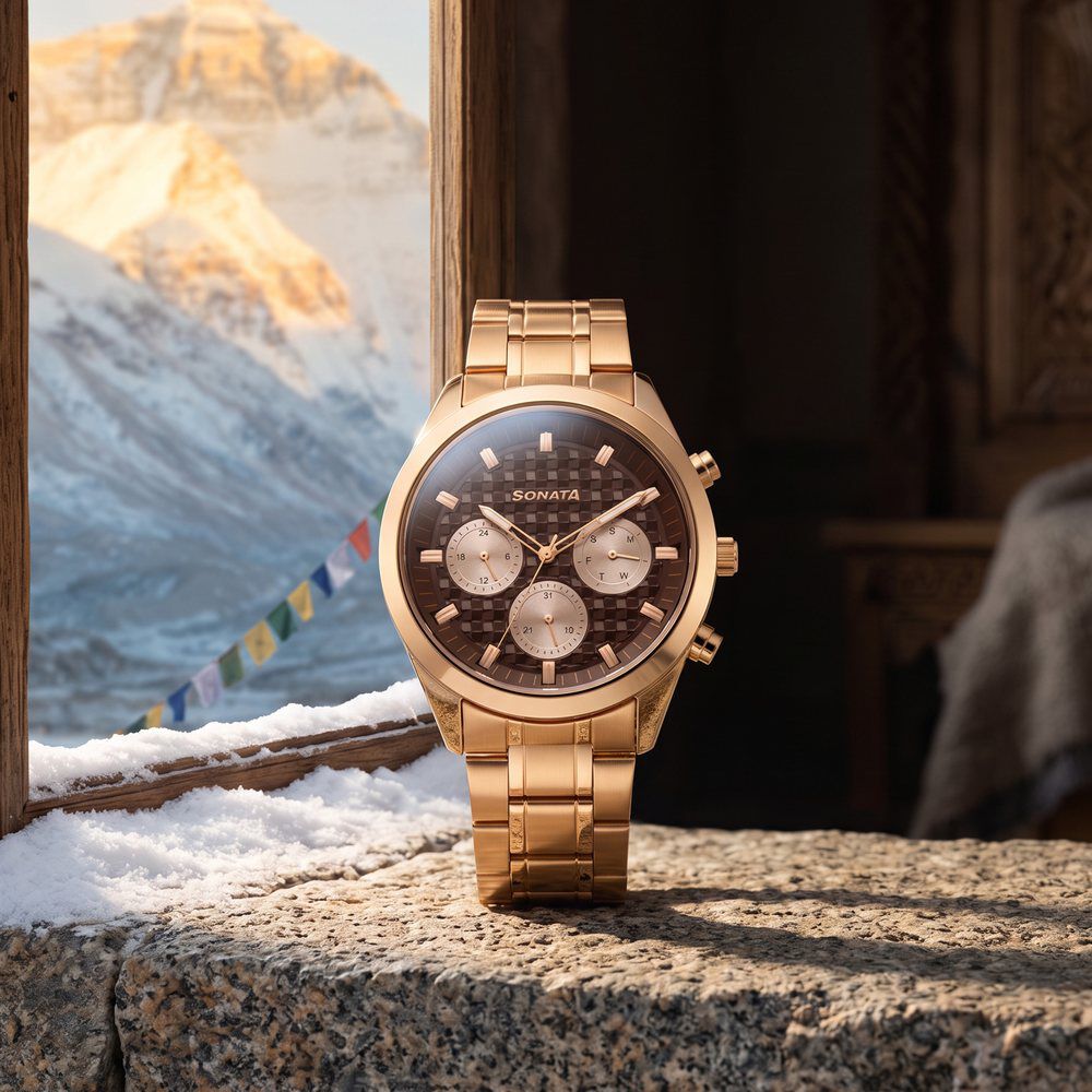 Sonata Summit Quartz Multifunction Brown Dial Rose Gold Metal Strap Watch For Men-image-41