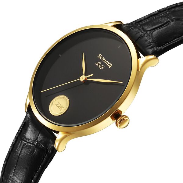 Sonata Gold Quartz Analog Watch for Men with Black Dial Leather Strap With An Eye-Catching Gold Coin on Dial - image number 1