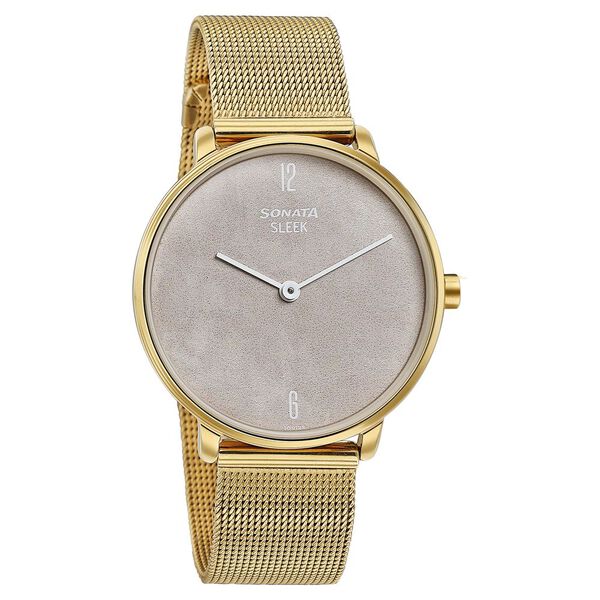 Sonata Sleek Gold-Toned Mesh Bracelet Watch with Minimal Sundial Dial and Arabic Numerals - image number 1