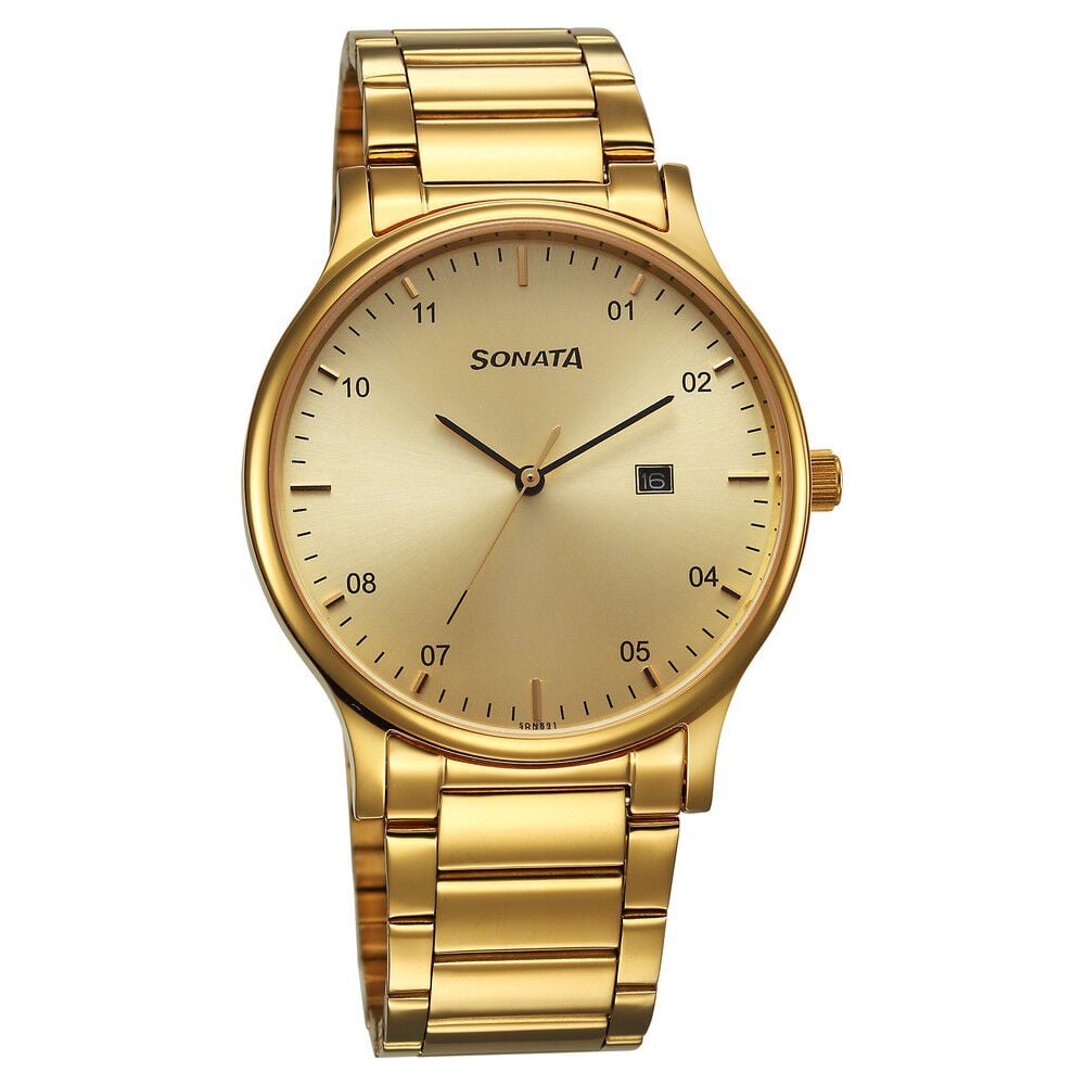 Buy Online Sonata Quartz Analog with Date Champagne Dial Watch for Men ns77105ym03 Sonata