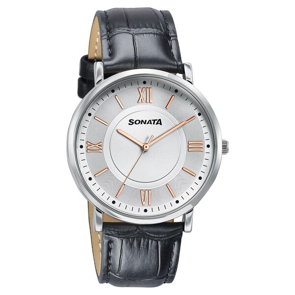 Sonata Verve Quartz Analog Silver Dial Black Leather Strap Watch For Men - image number 1