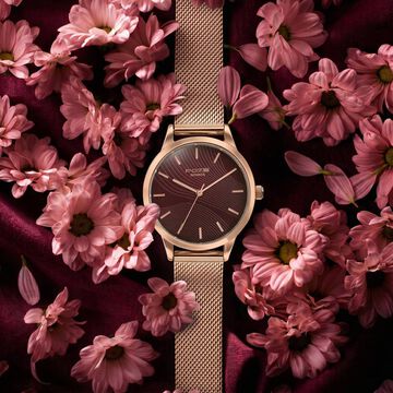Poze By Sonata Quartz Analog Wine Red Dial Rose Gold Metal Strap Watch For Women