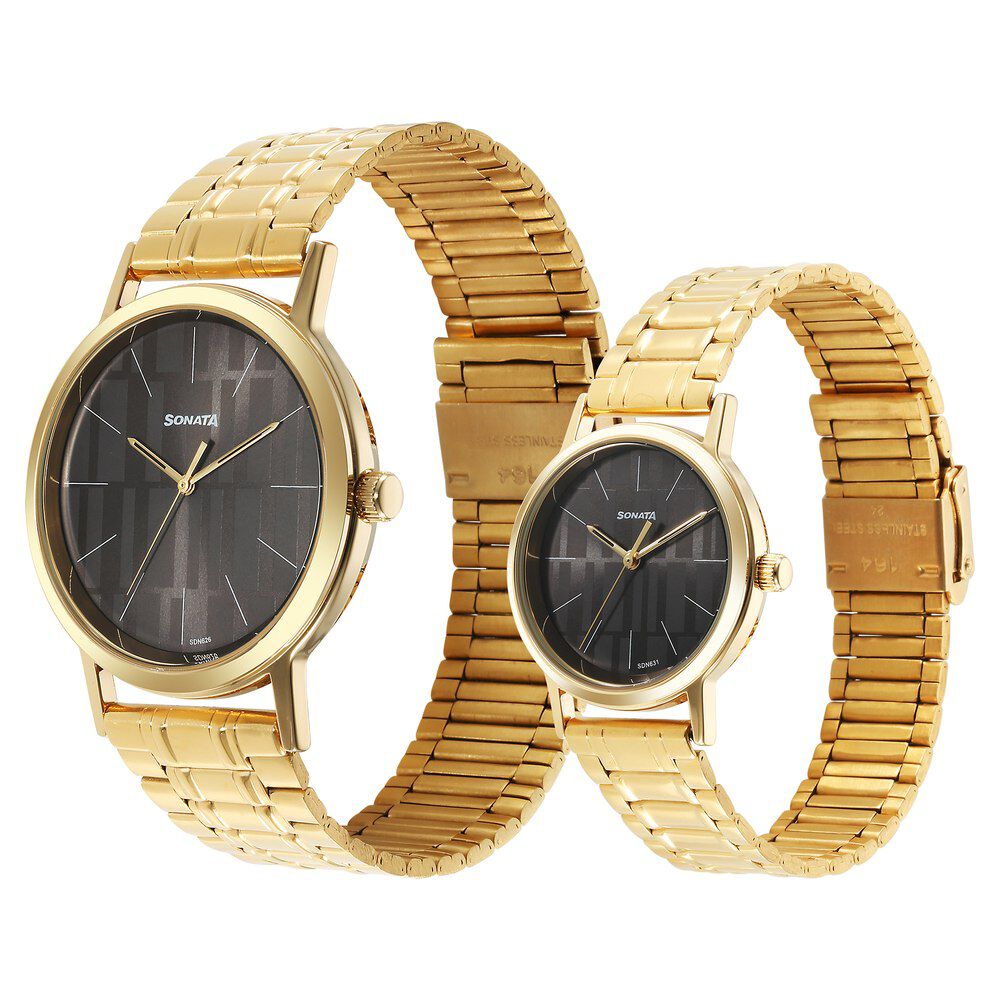 Sonata Alloy Pairs Quartz Analog Grey Stainless Steel Strap for Couple