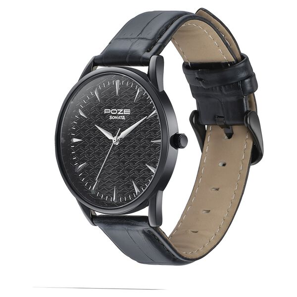Sonata Poze Quartz Analog Black Dial Black Color Leather Strap Watch For Men - image number 3