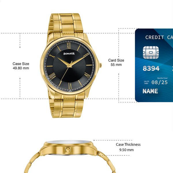 Sonata Traditional Essentials Black Dial Gold-Tone Stainless Steel Strap Watch - image number 3