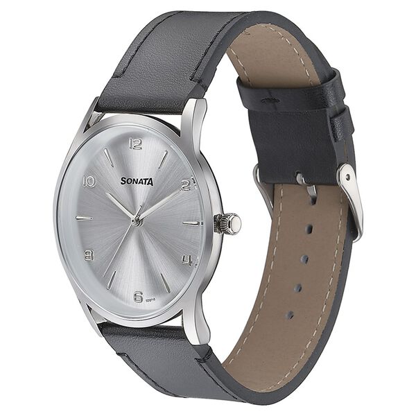 Sonata Quartz Analog Silver Dial Black Leather Strap Watch For Men - image number 3