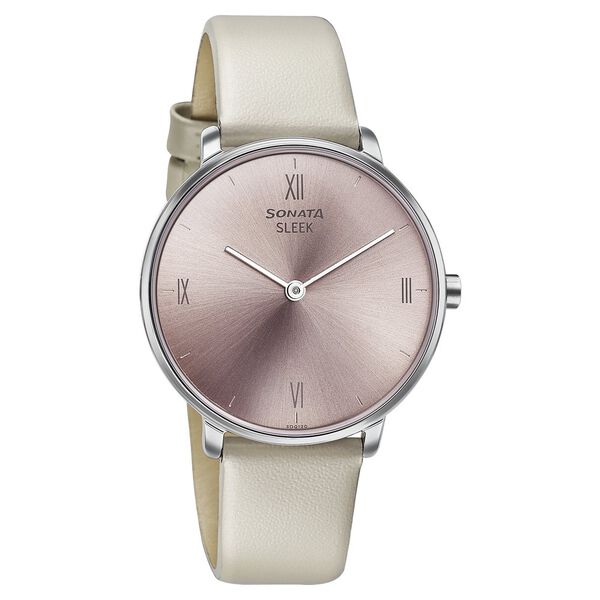 Sonata Sleek Quartz Analog Pink Dial Beige Leather Strap Watch for Women - image number 1