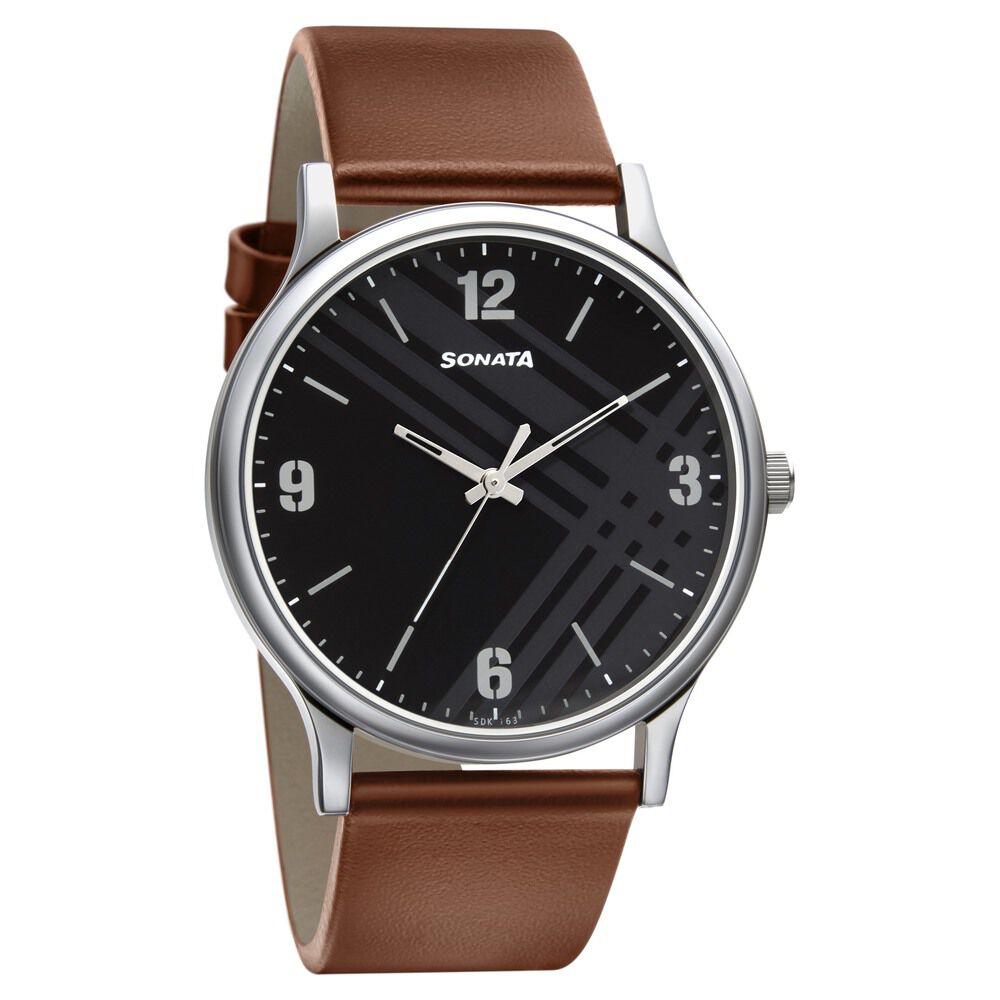 Buy Online Sonata Smart Plaid Quartz Analog Black Dial Leather Strap Watch for Men ns77105sl02w Sonata