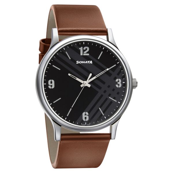 Sonata Smart Plaid Quartz Analog Black Dial Leather Strap Watch for Men - image number 0