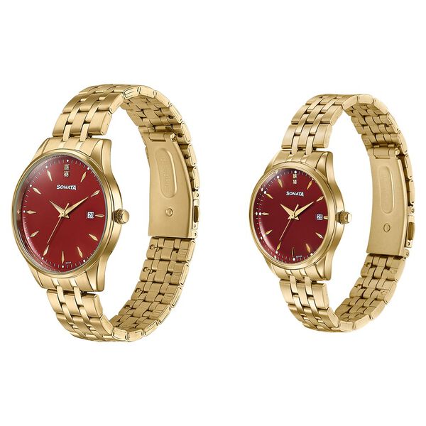 Sonata Jashn Quartz Analog Red Dial Golden Metal Strap Watch For Couple - image number 2
