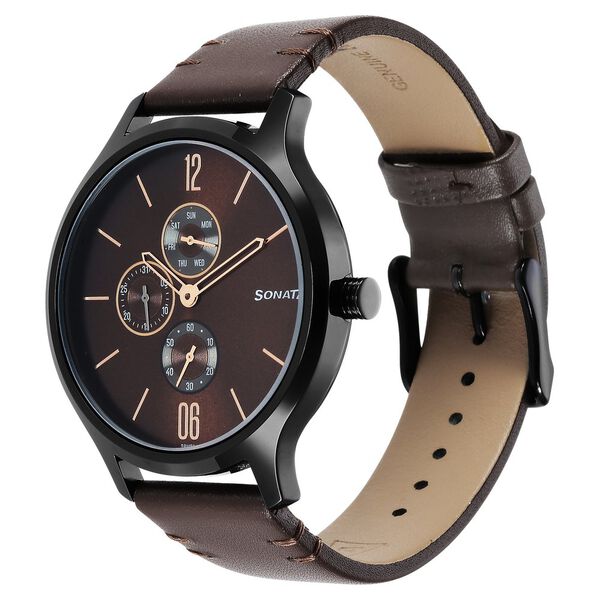 Sonata Quartz Multifunction Brown Dial Leather Strap Watch for Men - image number 1
