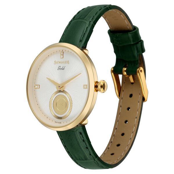 Sonata Gold White Dial Leather Strap Watch for Women with 22K Tanishq Gold Coin - image number 2