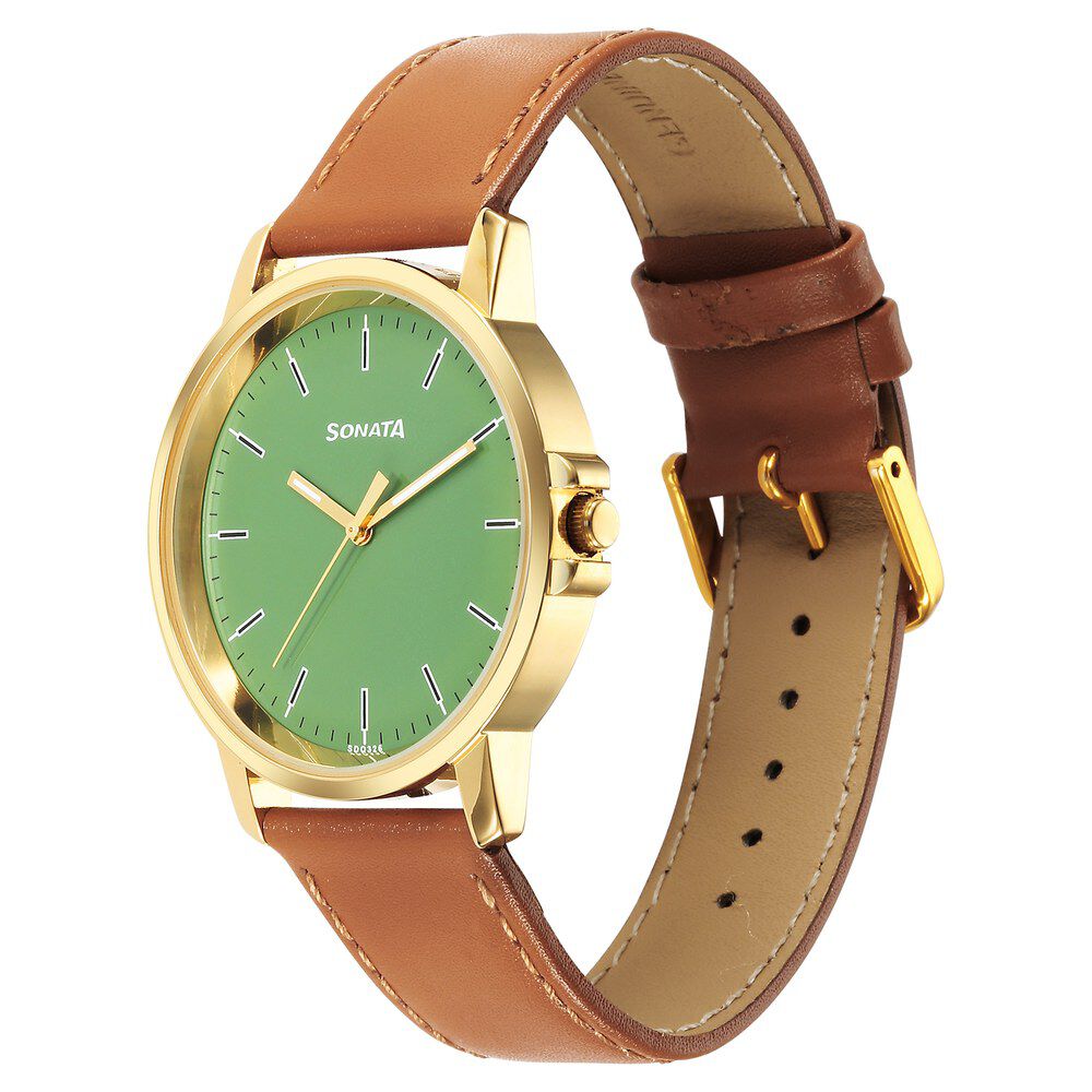 Buy Online Sonata Traditional Essentials Quartz Analog Green Dial Leather Strap Watch for Men 77083yl04 Sonata