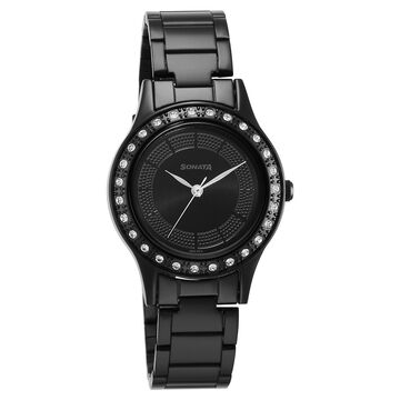 Sonata Quartz Analog Black Stainless Steel Strap for Women
