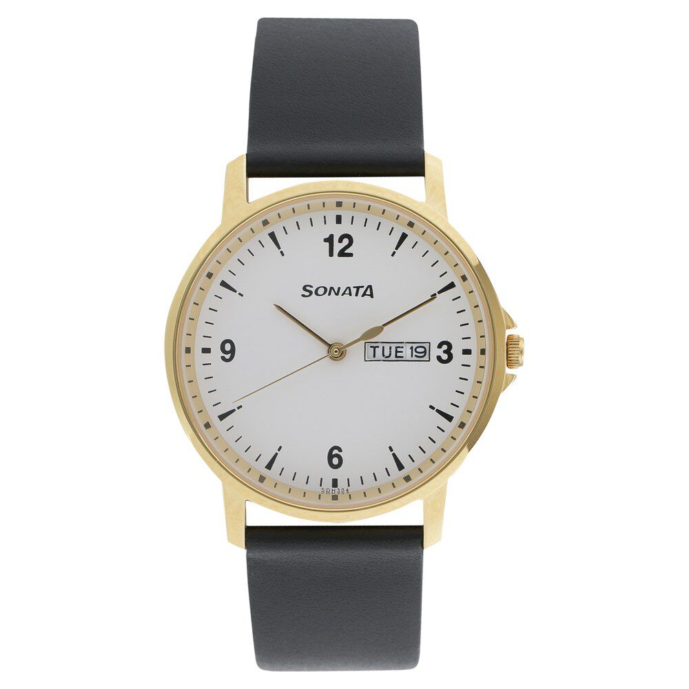 Sonata Quartz Analog with Day and Date White Dial Leather Strap