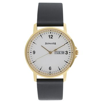 Sonata Quartz Analog with Day and Date White Dial Leather Strap Watch for Men