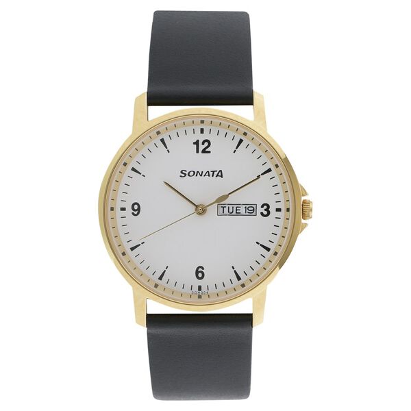 Sonata Quartz Analog with Day and Date White Dial Leather Strap Watch for Men - image number 0