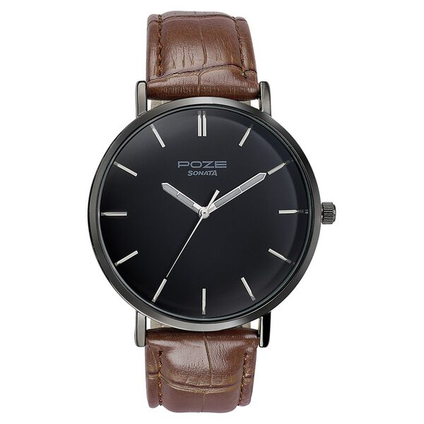 Sonata Poze Quartz Analog Black Dial Tan Leather Strap Watch For Men - image number 1