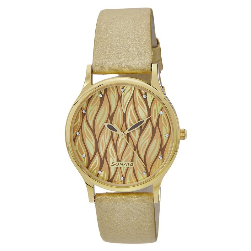 Glitterati Champagne Dial Leather Strap Watch for Women - image number 0