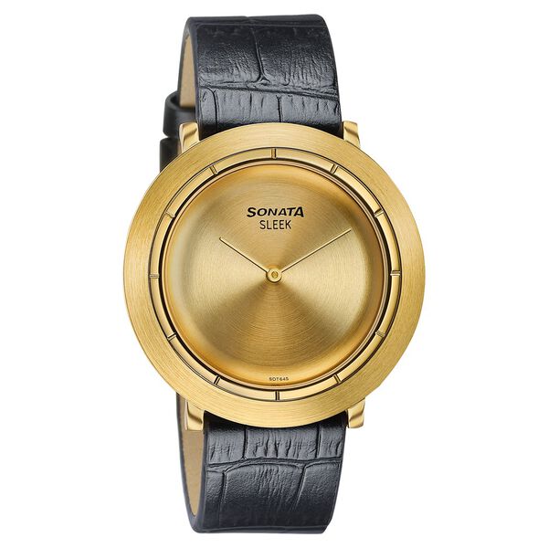 Sonata Sleek Champagne Dial Gold-Tone Leather Strap Watch - image number 1