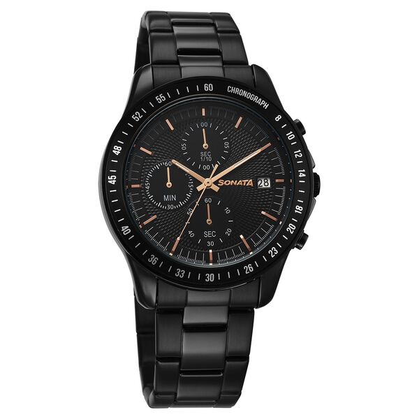 Sonata Chronos Quartz Analog with Date Black Dial Black Colour Stainless Steel Strap Watch For Men - image number 0