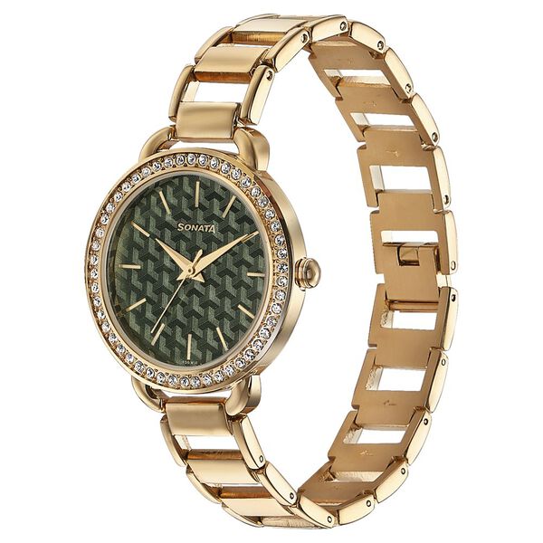Sonata Wedding Bling Quartz Analog Green Dial Rose Gold Metal Strap Watch for Women - image number 2
