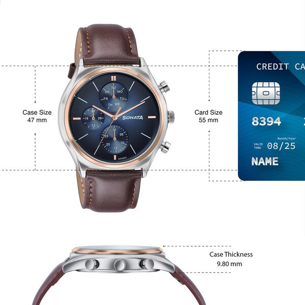 Sonata Festive Quartz Multifunction Blue Dial Brown Leather Strap Watch For Men - image number 3