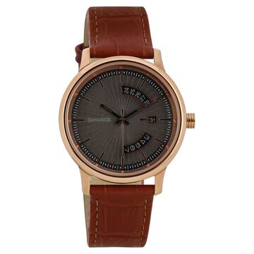 Sonata Quartz Analog with Date Grey Dial Leather Strap Watch for Men