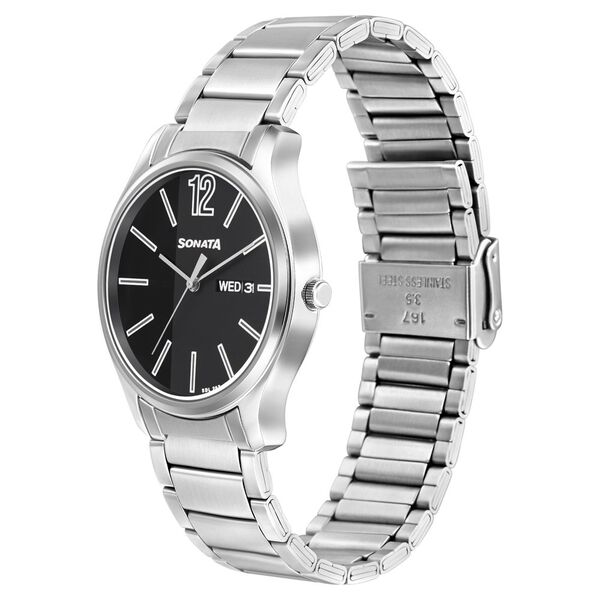 Sonata Quartz Analog with Day and Date Black Dial Stainless Steel Strap Watch for Men - image number 1