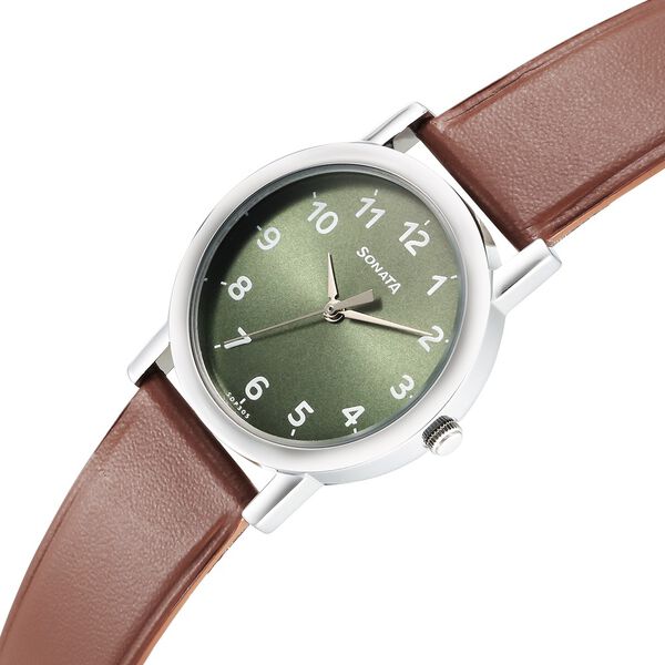 Sonata Classic Quartz Analog Green Dial Brown Leather Strap Watch for Men - image number 2